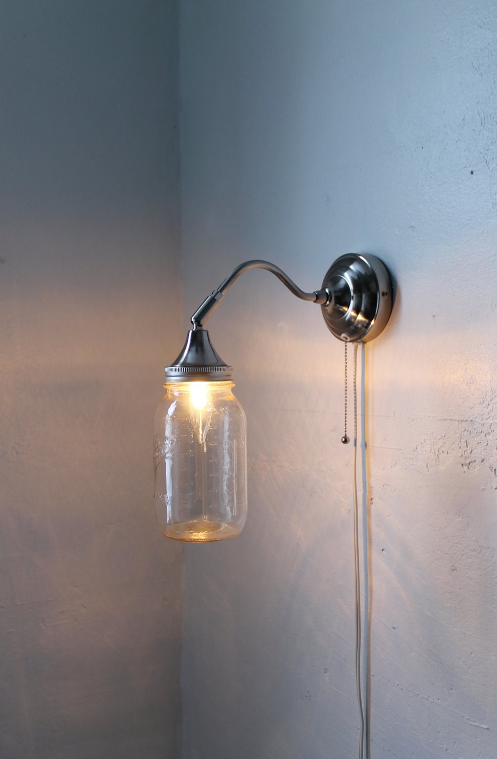 Simplicity - Industrial Mens Stainless Steel Gooseneck Wall Sconce - Quart Sized Ball Mason Jar Shade - UpCycled BootsNGus Lighting Fixture