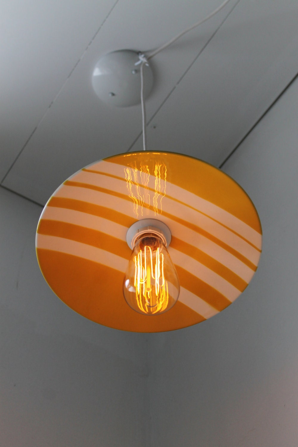 Cha Cha - Sunny Mustard Yellow White Striped Arizona Canonsburg Pottery Ceramic Plate Pendant Lamp Shade - OOAK UpCycled BootsNGus Lighting