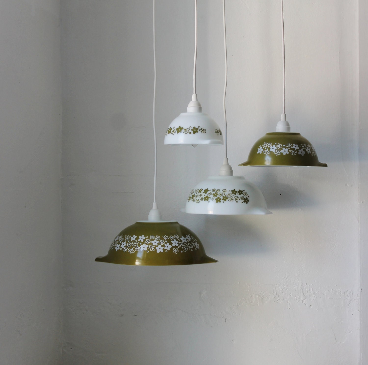 Spring Blossoms - Olive Green and White Milk Glass Mixing Bowl Hanging PYREX Pendants Lights - OOAK UpCycled BootsNGus Lighting Fixtures