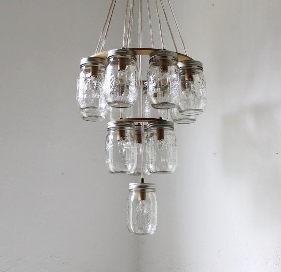 3 Tier Upside Down Wedding Cake Mason Jar Chandelier - Mason Jar Lighting - Handcrafted Upcycled BootsNGus Hanging Pendant Light Fixture