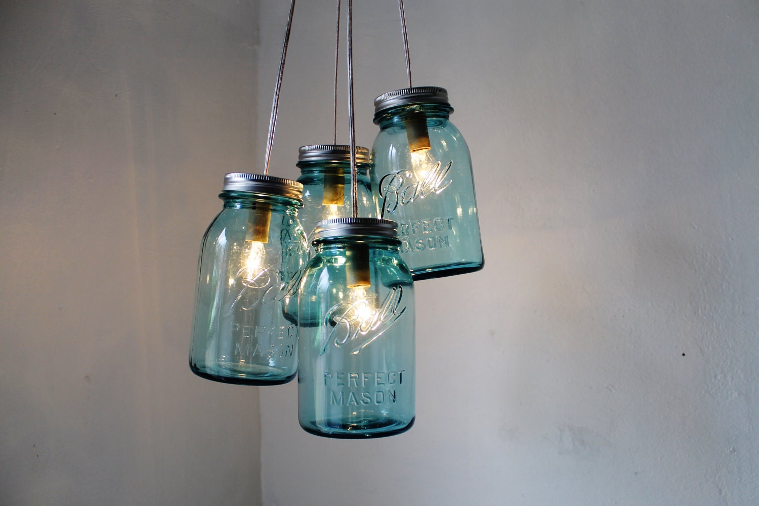 Antique Blue - Mason Jar Chandelier - 4 blue quart jars - Handcrafted Mason Jar Lighting Fixture - Upcycled BootsNGus Lamp - Direct Hardwire