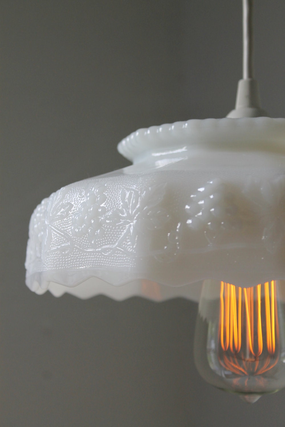 Cloud - Upcycled Vintage Anchor Hocking Fire King White Milk Glass Fruit Bowl Hanging Pendant Light - OOAK BootsNGus Lamp Lighting Fixture
