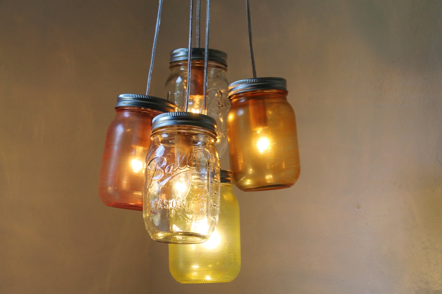 Carnival - Mason Jar Chandelier - 5 Pint Ball Jars - Brushed Nickel Ceiling Plate & Hardware for Direct Installation - BootsNGus Lamp Design