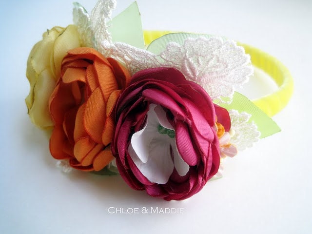 NICHOLE  Tangerine and fuschia summer floral fabric headband, vintage inspired, for weddings, photography prop