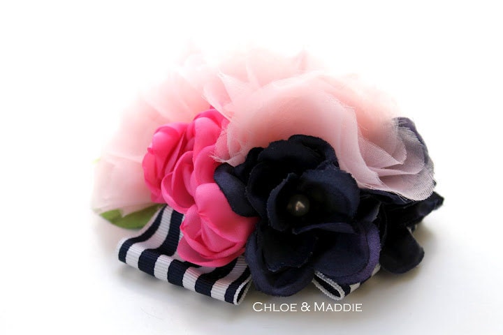 Pink and blue nautical inspired hair clip, for weddings, special occasions, couture. CAITLYN