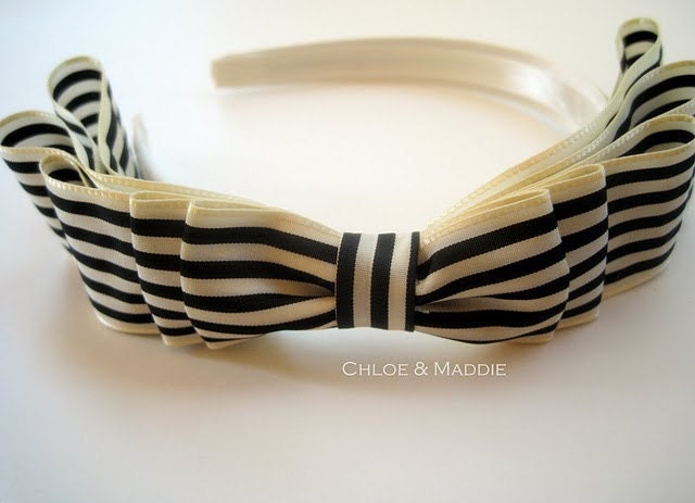 ZOEY Vintage black and ivory striped ribbon headband (Ready to Ship)