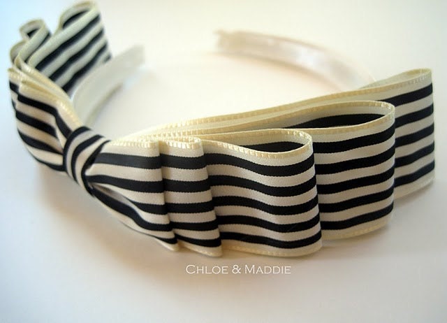 ZOEY Vintage black and ivory striped ribbon headband (Ready to Ship)