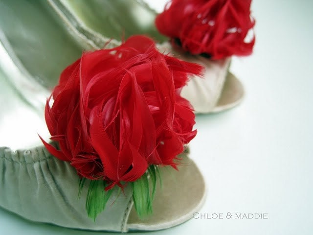 MARILYN- in red feather flower shoe clips (SET OF TWO) for Holidays, weddings, special occasions