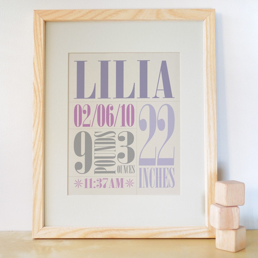Nursery Wall Art. 8x10 Custom Birth Print - Violet