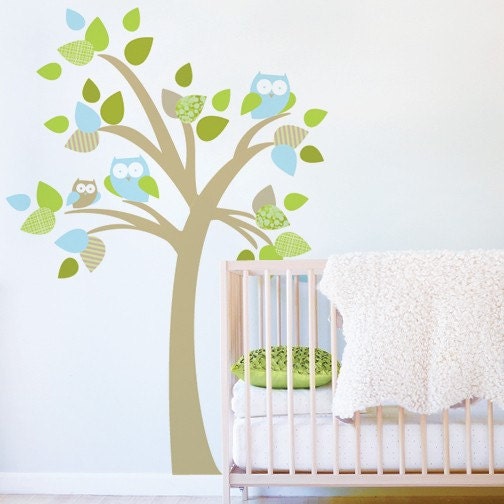 Tree with Owls Fabric Decal - Removable and Reusable Wall Decal for Nursery or Kids Room
