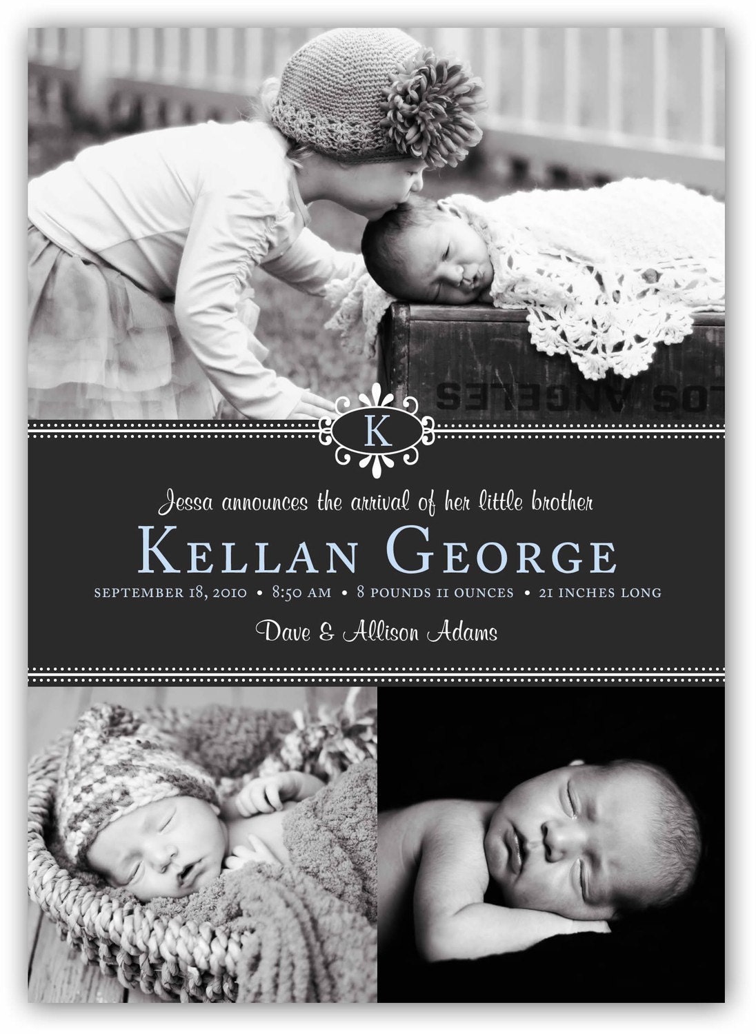 Baby Boy or Girl Customizable Emblem Initial Birth (4x6 or 5x7) Announcement Photo Card Design