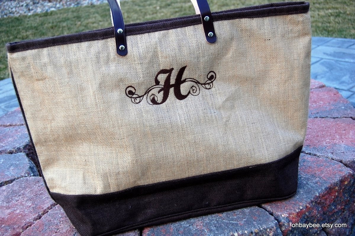 Monogrammed Jute Tote Bag with Leather Handles by JamesPaigeDesign