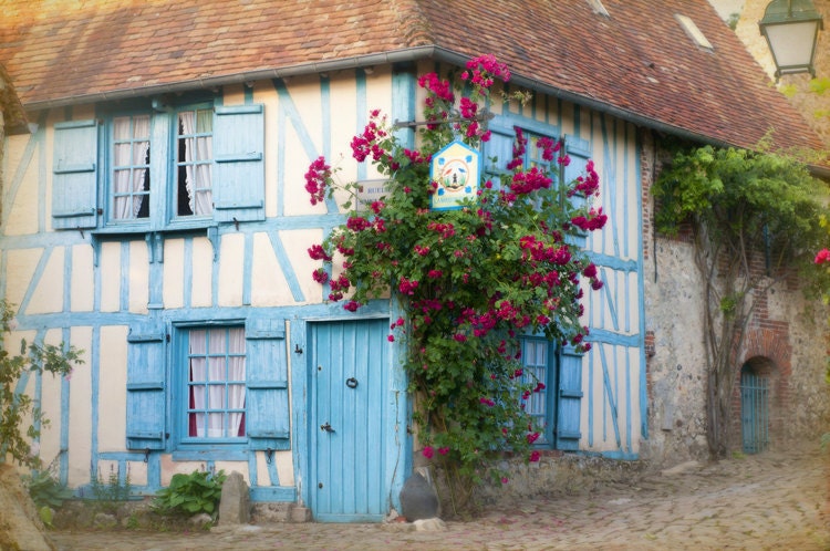 French Country Photo - French Country Decor - La Maison Bleue - blue cottage in France with roses