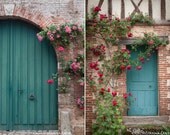 French Blue Doors and Roses Set of two 5 x 7 Fine Art Travel Photographs, Picardy, France, countryside, nostalgic roses, medieval houses