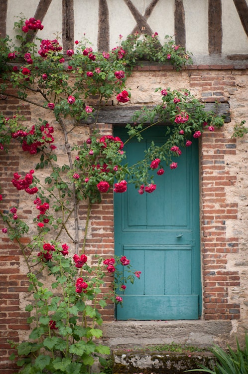 France Photography - French Country Blue Door, Home Decor, Cottage with Roses, Romantic Fine Art Travel Photograph