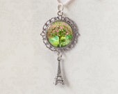 Rose Tree Round Photo Pendant - Antiqued Silver Eiffel Tower Charm - Resin Jewelry Pendant - Paris Wearable Art