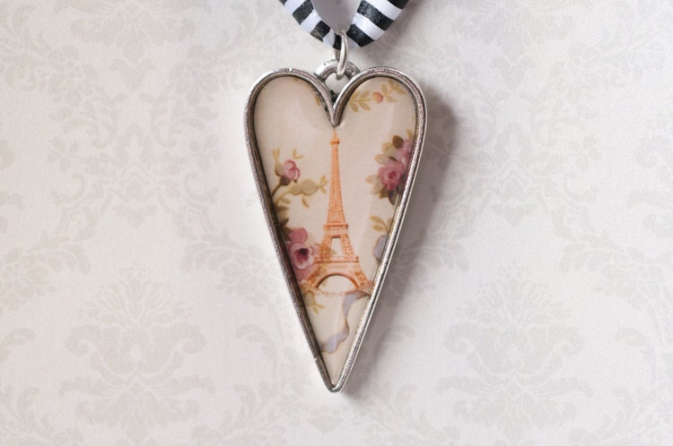 Eiffel Tower Jewelry - Antiqued Silver Heart Pendant with Vintage Art and Flowers - Resin Charm - Heart Jewelry