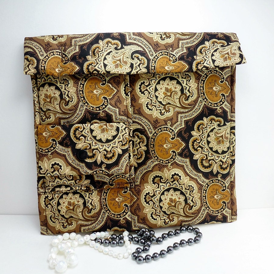 Travel Jewelry case Brown black gold tapestry print Fabric organizer