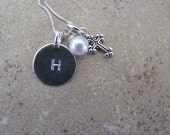 Hand stamped necklace with cross and pearl