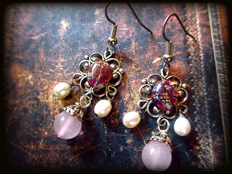 Pink Quartz and Opal Glass Tudor Earrings