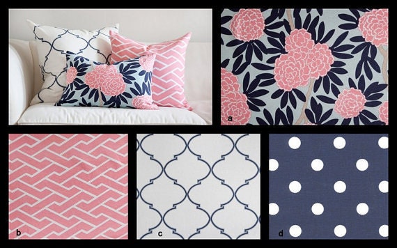 Pair of Designer  High End Custom Curtains Drapes Navy, Pink, and Beige on Light Aqua