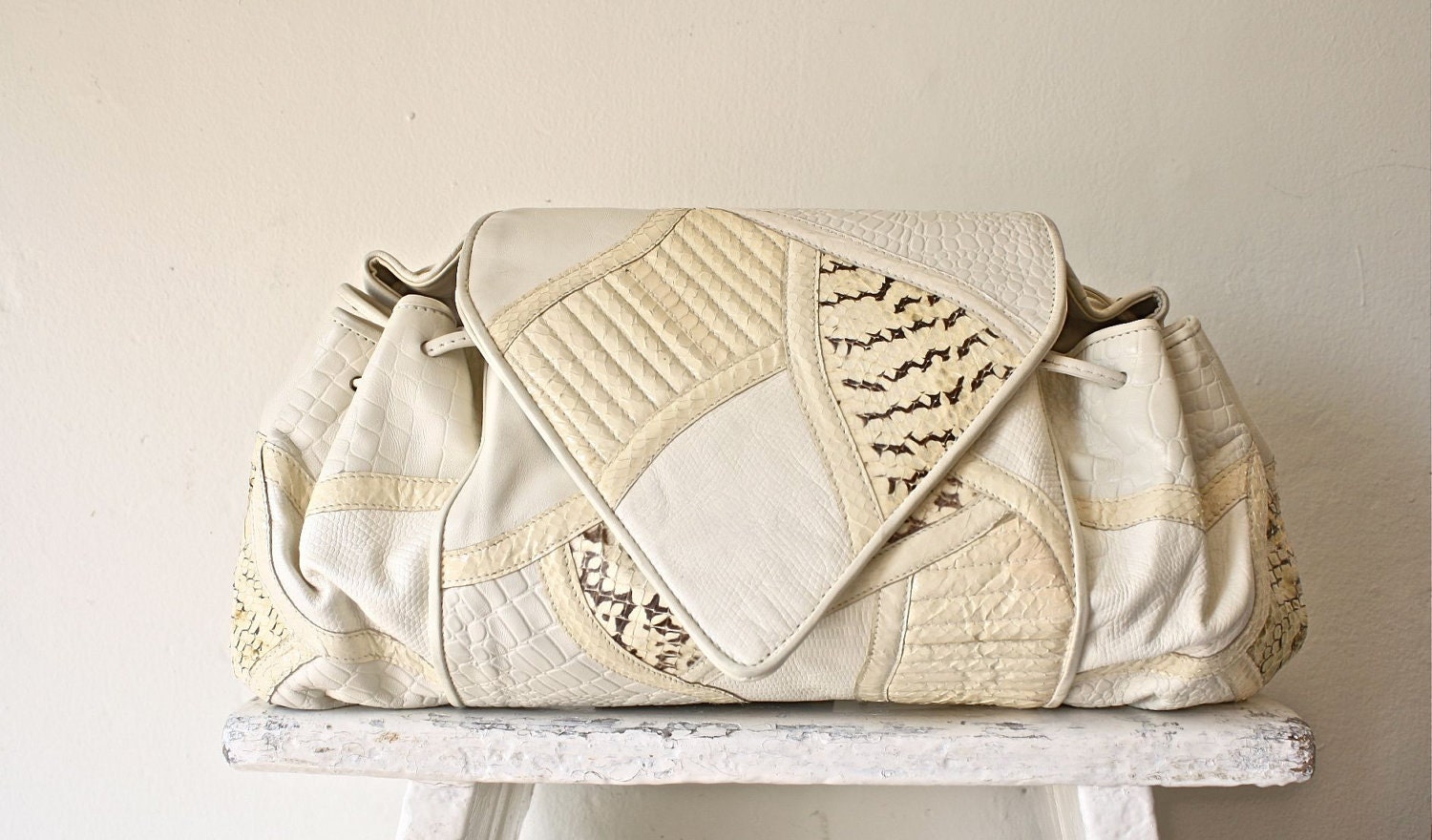 80s big white snakeskin patchwork bag . faux croc hobo