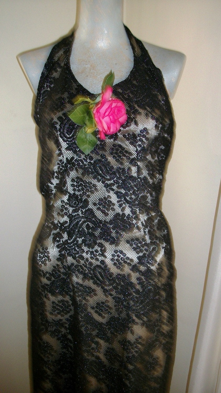 RESERVED 1920s 1930s Style Slinky Black Lace Long Halter Dress Size Small - Medium 6-8 Exec Cond