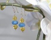 Victoria -Blue Quartz Gemstone Amber Swarovski Crystal Dangle Earrings