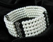White Pearl and Crystal Memory Wire Cuff Bracelet Vintage Style, Statement Piece