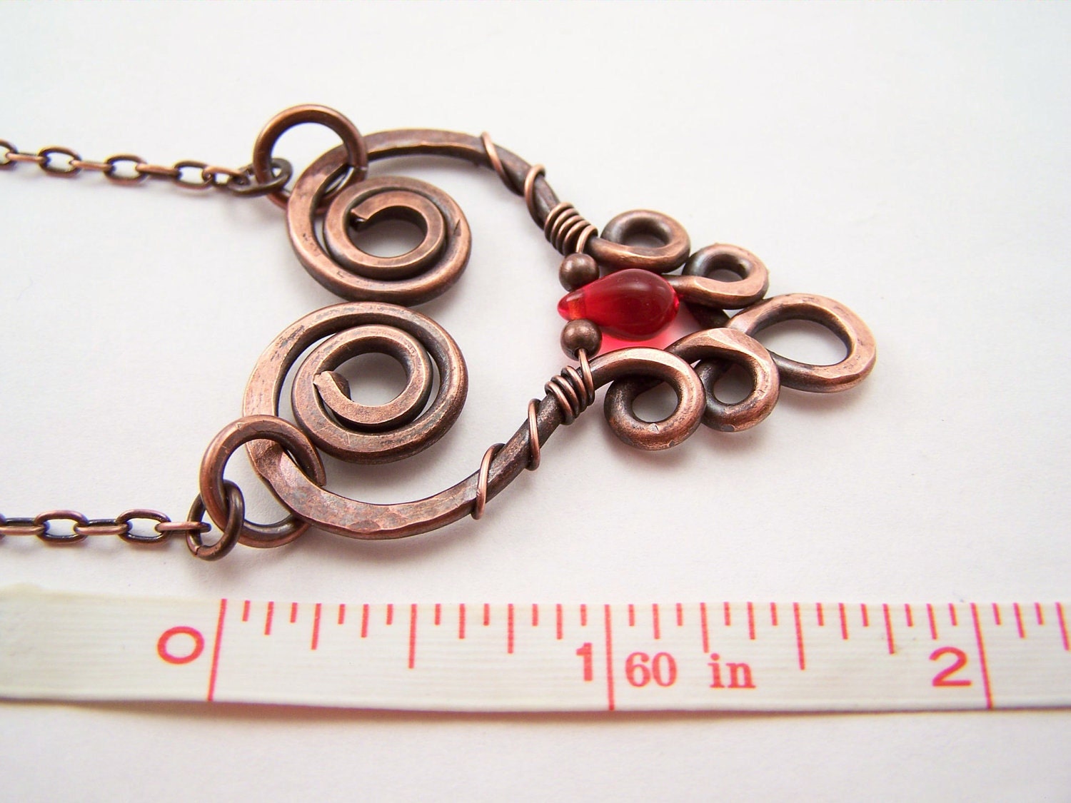 042 Copper Floating Filigree Heart  Pendant with Red Czech Teardrop no Chain