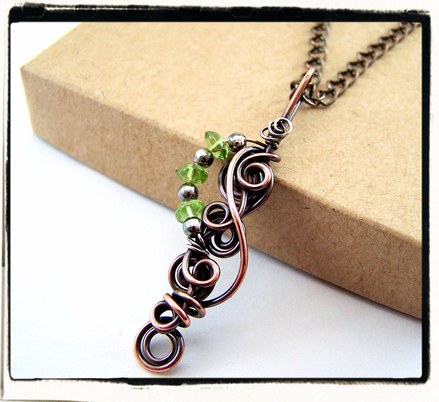 061 Spiral Faerie Dreams Green Peridot Gemstone Copper Pendant no Chain