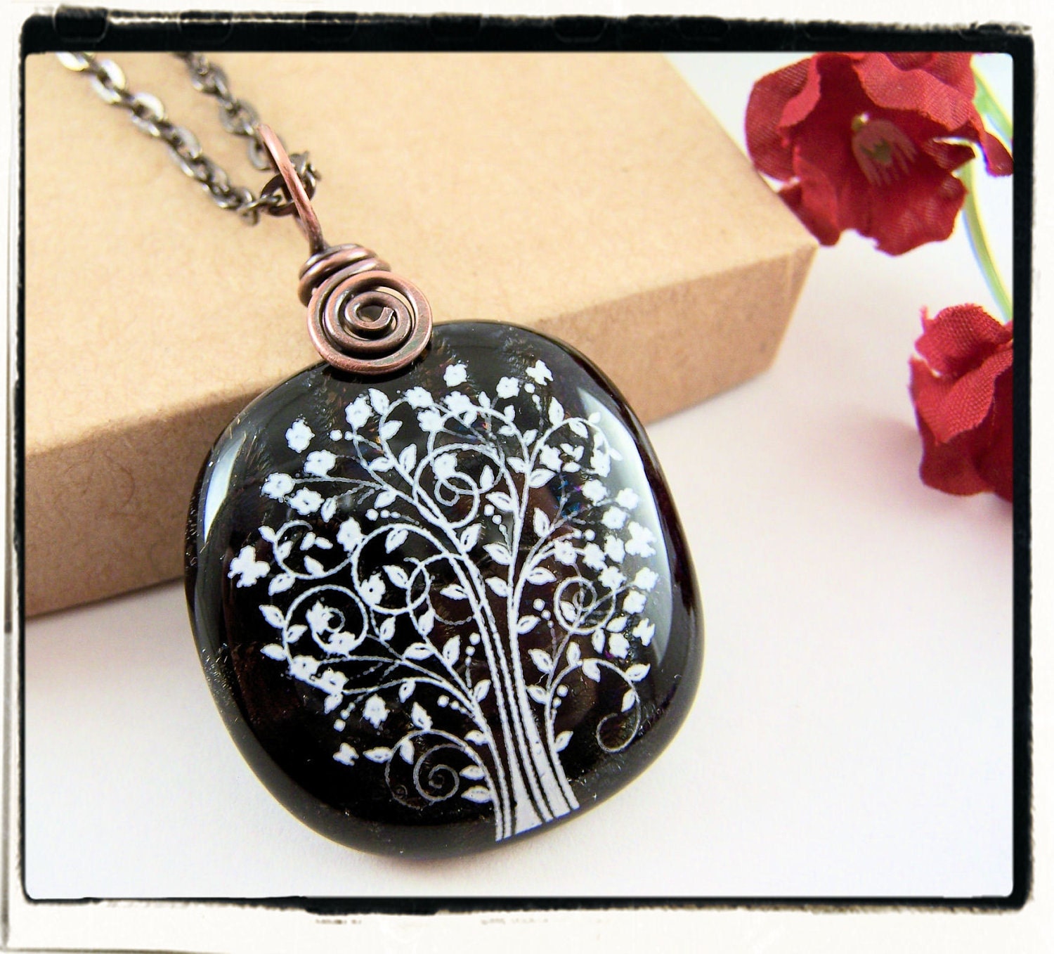 006 Black and White Dichroic Fused Glass Tree of Life Pendant Copper Bail no Chain