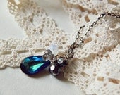 Ocean's Mystic - Bermuda Blue Swarovski Elements Crystal Pendant on Gunmetal Chain . Blue . Sapphire . Teardrop . Cluster