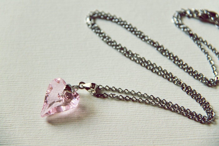 Arrow Heart Necklace - Light Pale Pink Swarovski Elements Crystal Heart Pendant. Stainless Steel. Minimalist. Valentine. Love. Rose