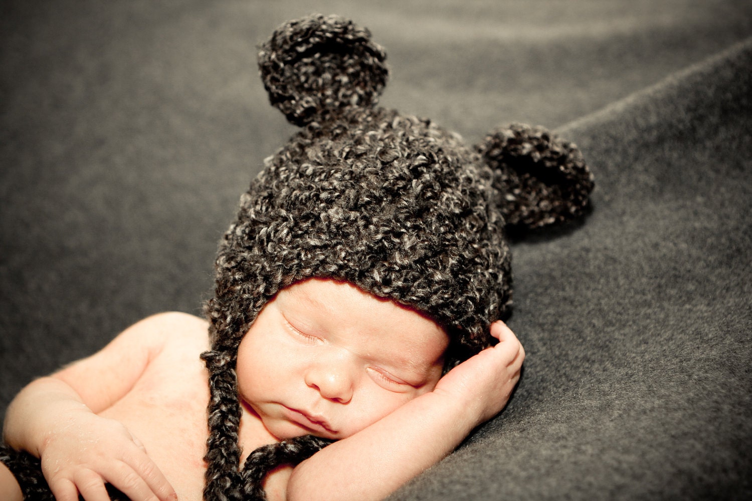 Little Bear Earflap Newborn Hat in Charcoal- Photography Prop