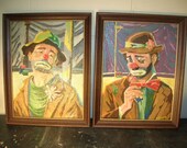 Vintage 1950s Pain By Number Pair of Clown Portraits
