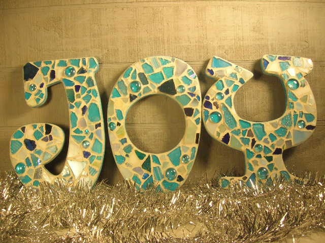 JOY - Mosaic Letters In Turquoise and Winter White - Easy To Hang  OOAK
