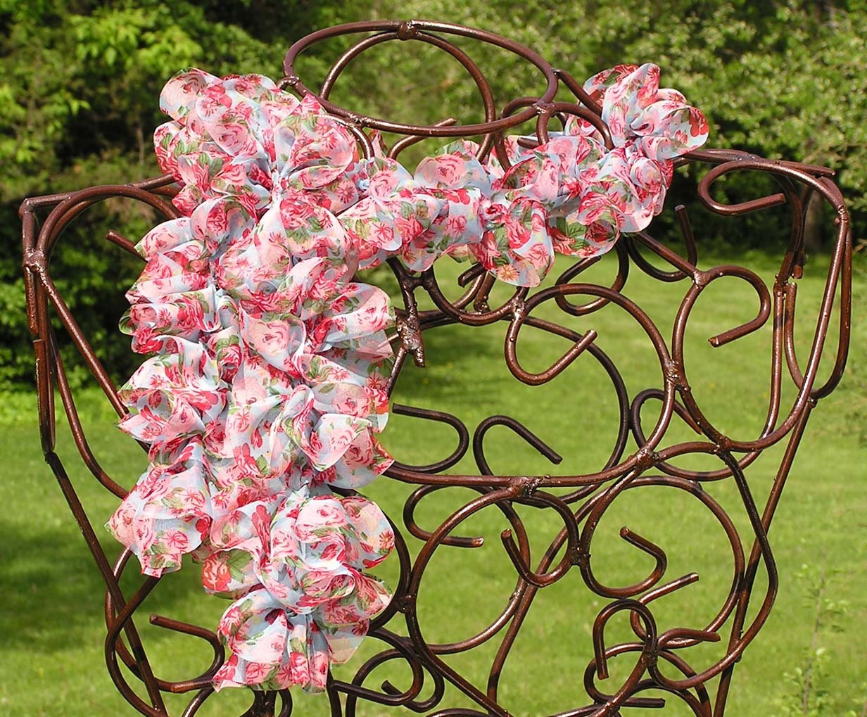 Crocheted Fabric Ruffled Scarf - Sky Blue with Pink Flowers