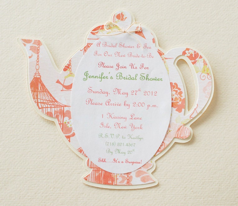 Bridal or Baby Shower Invite Teapot Invitation - Bird Cage Edition (Coral Peach Cream Light Orange Light Green)