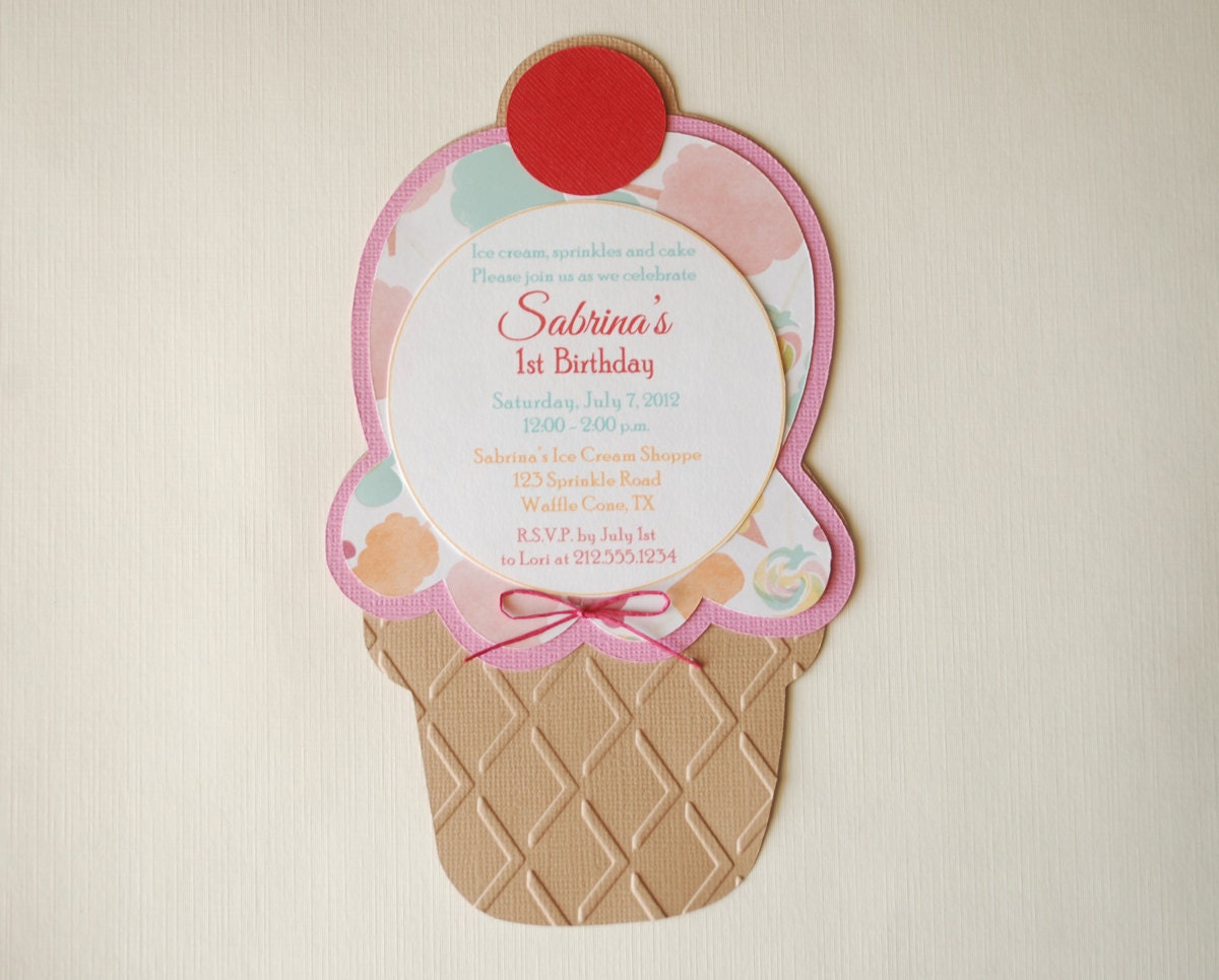 Ice Cream Shoppe Ice Cream Shape Wafer Cone Birthday Invitation in Sorbet & Pastel Colors