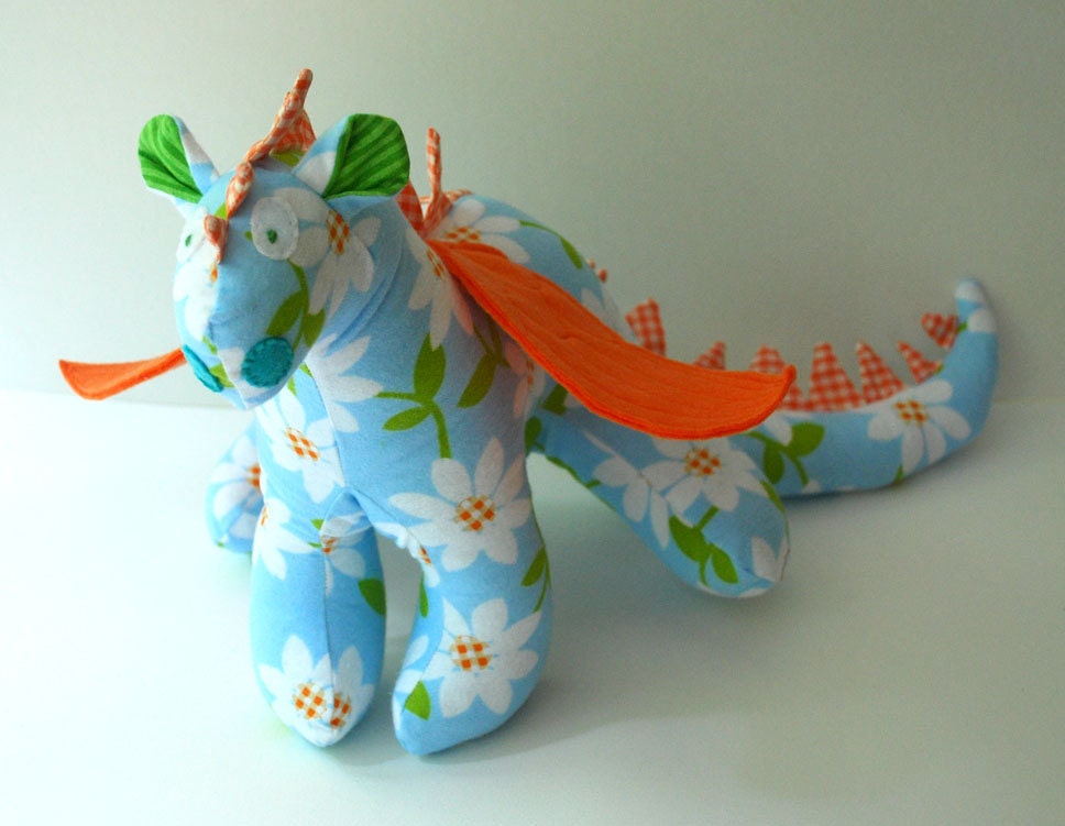 Candace - A One of a Kind Baby Friendly Beastie or Dragon Toy Stuffed Animal in Light Blue, White and Orange
