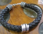 Thick Dark Brown or Black Leather and Sterling Silver Bracelet - Man, Women, Unisex - Free Shipping USA 48