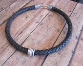 Thick Dark Brown Leather and Sterling Silver Wired Accent Necklace - Man, Women, Unisex - Free Shipping USA 48