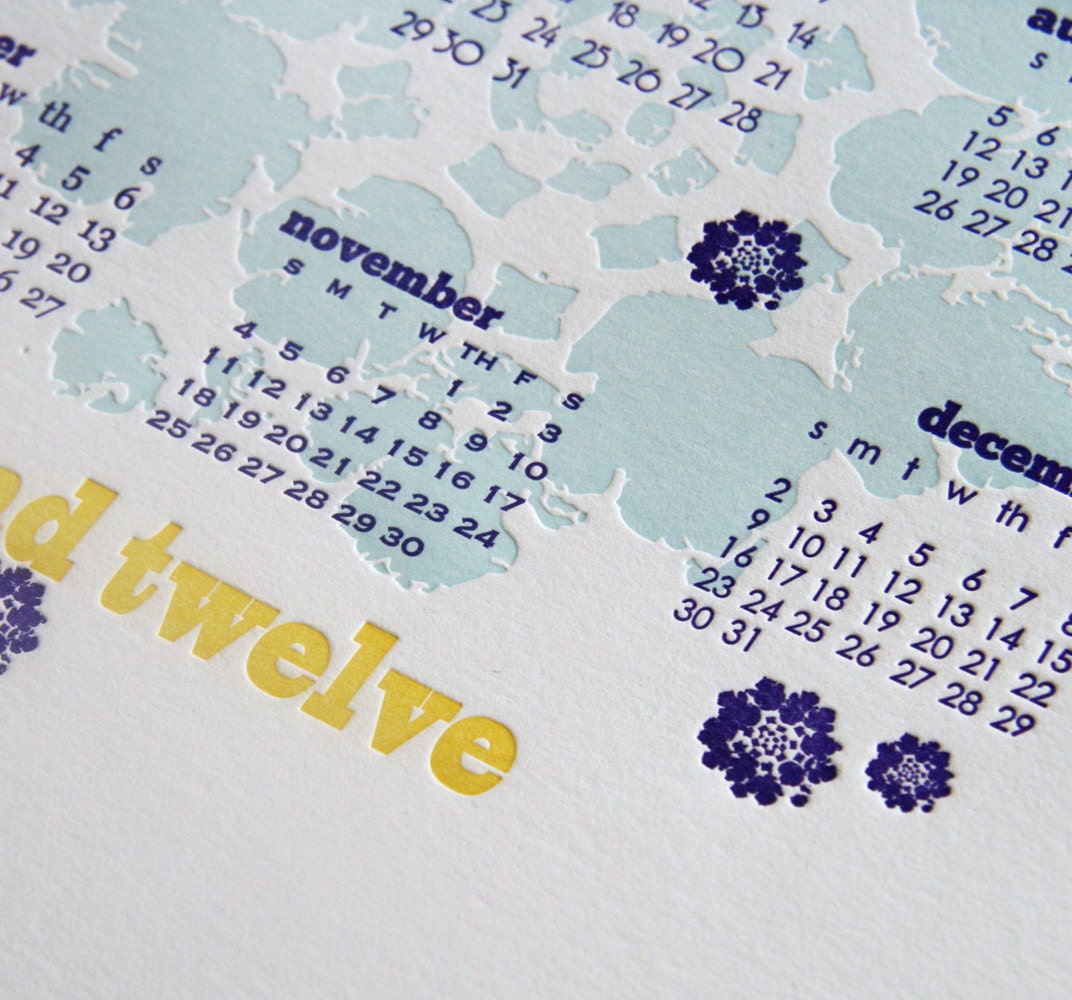 Boxing Week SALE - 2012 Calendar - large letterpress wall calendar -  11x14