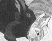 Snuggle Up, Bunny Rabbit Sweethearts In Charcoal, ACEO Print