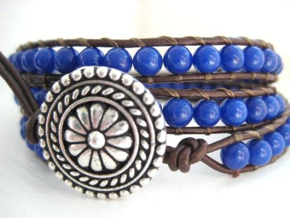 Going Sailing - Deep Blue Gemstone and Leather Triple Wrap Bracelet
