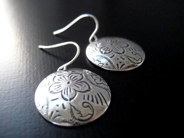 NEW - Chloe Earrings, Antiqued Brass Round Embossed Earrings with Sterling Silver
