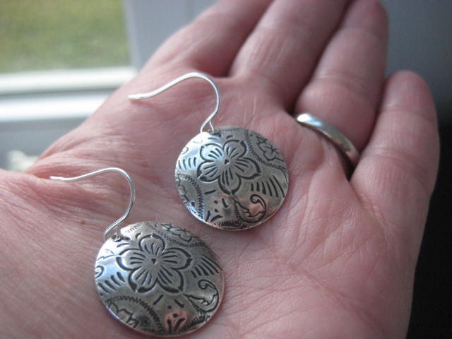 NEW - Chloe Earrings, Antiqued Brass Round Embossed Earrings with Sterling Silver