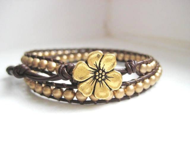Giada De Laurentiis - Goddess Bracelet - Gold Czech Glass Beaded Leather Double Wrap Bracelet Chan Luu Style Gold Flower Button