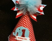 circus elephant party hat in big top red, cotton candy blue and white stars